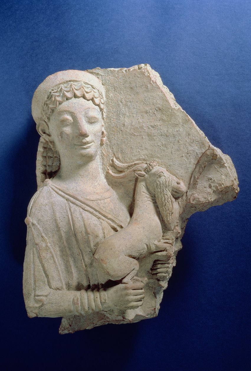 山羊を持つ女性の救済、アルカイック時代、紀元前500年頃（テラコッタ） 作： ギリシャ語