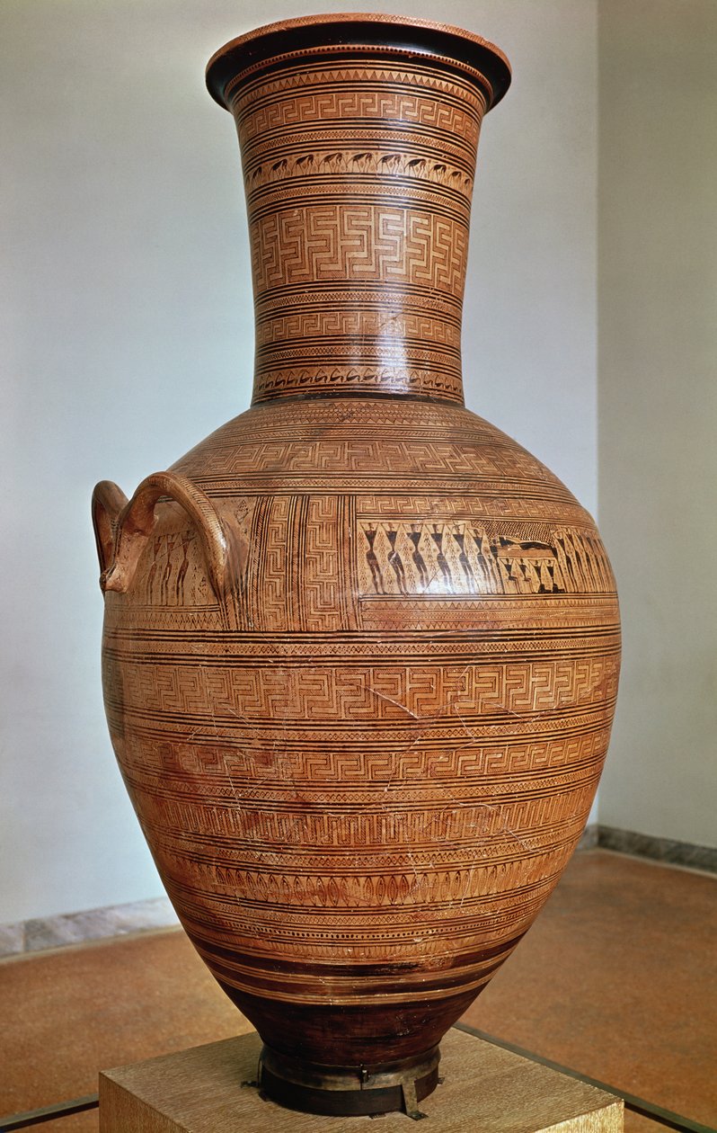 ディピロンアンフォラ、アテネのケラメイコスネクロポリス、紀元前750年頃（テラコッタ）（88063も参照）の幾何学的なスタイルの葬儀の壺 作： ギリシャ語