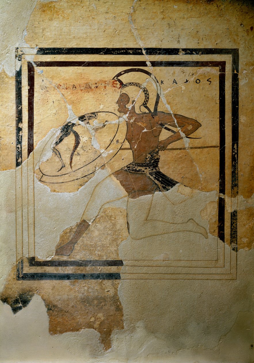 ギリシャのアート。紀元前520〜510年頃の「フルレースのホープライトを表したテラコッタ製のパイナックス（奉納板）」。太陽、高さ65.5cm アテネ、アクロポリス博物館(inv. 67) 作： ギリシャ語
