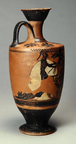 アキレスとヘクトルの遺体のあるレキトス アテネ出土 前510～500年 陶製 作： ギリシャ語