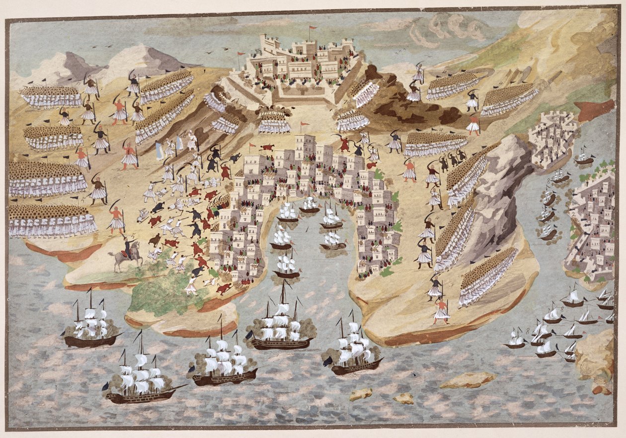 ギリシャ独立戦争の絵画史からのヴォニツァを中心とした西ギリシャの鳥瞰図 作： ギリシャ語学校