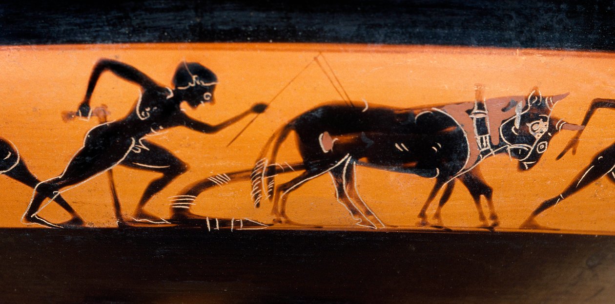 古代ギリシャのフィールドワーク。五角形の帯に黒い人物が描かれた「カット・デ・トラヴォー・デ・シャン」（紀元前530年頃）パリ。ルーブル美術館 作： ギリシャ語学校