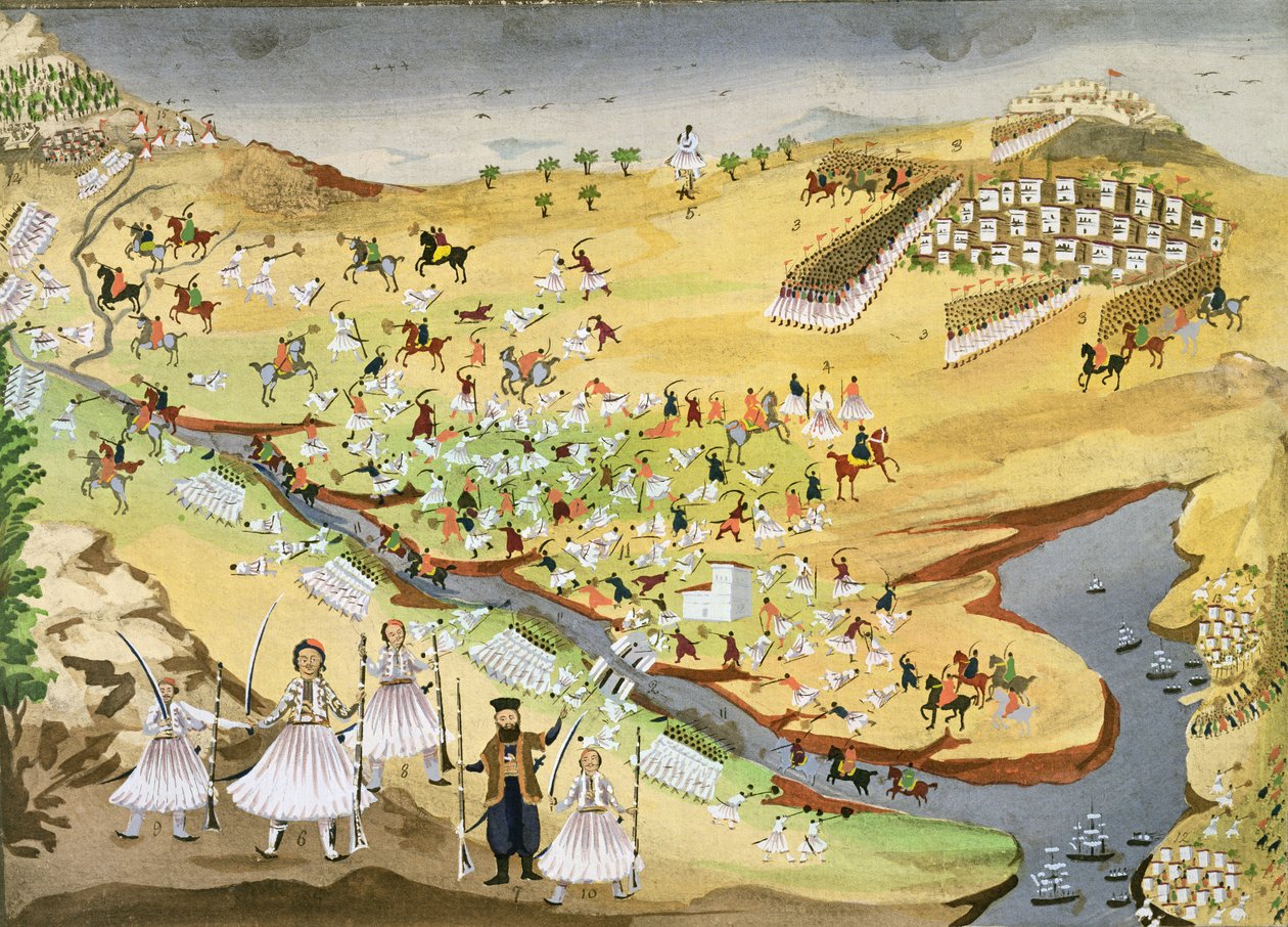 1821年のアラマナ橋でのギリシャ独立戦争の絵画史によるギリシャ人とトルコ人の最初の戦い 作： ギリシャ語学校