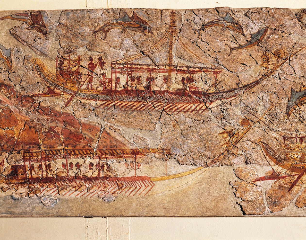 アクロティリ、テラ島、サントリーニ島、ギリシャ、詳細、船からの船の行列を描いたフレスコ画 作： ギリシャ語学校