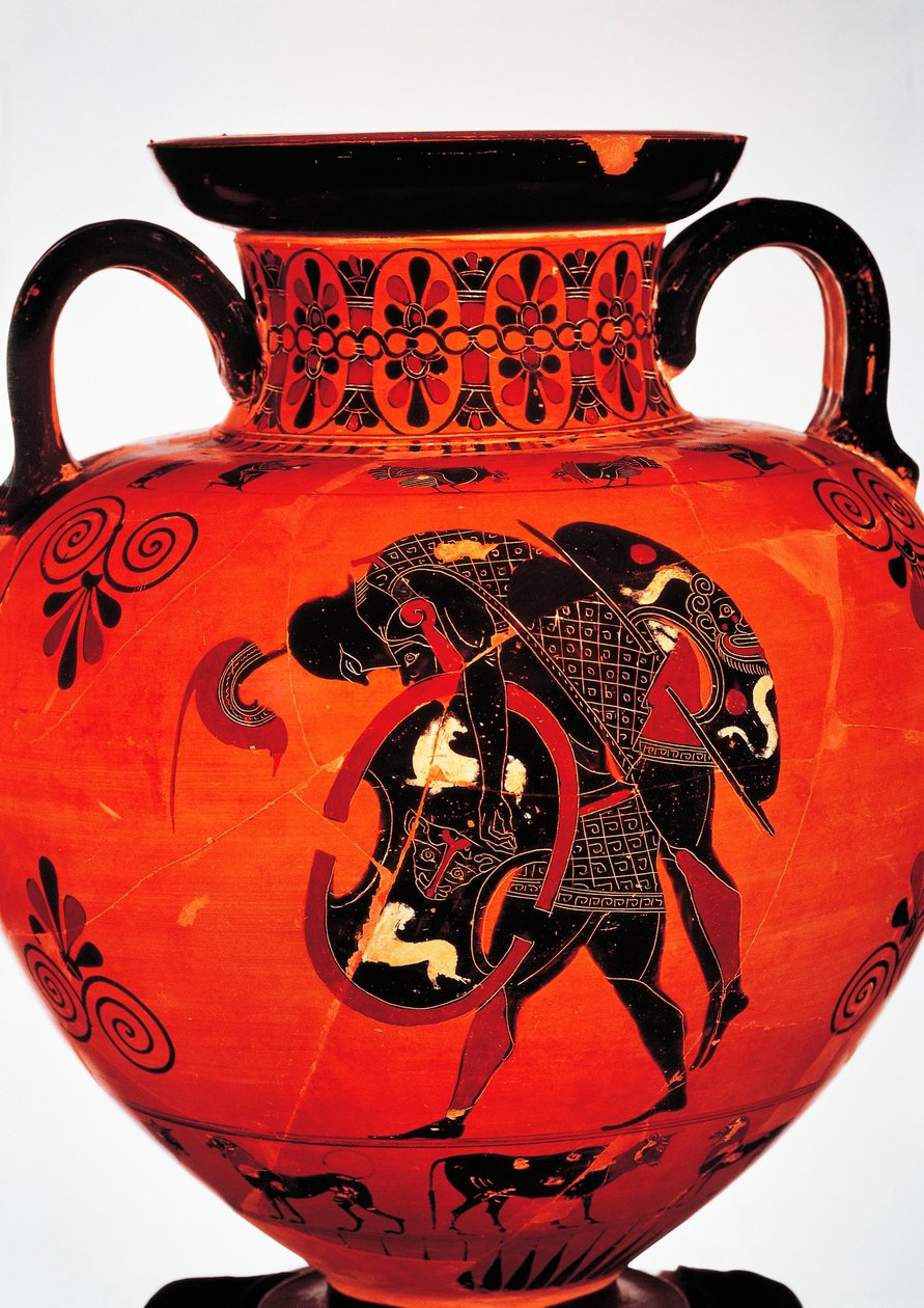 紀元前6世紀のギリシャ文明、黒絵陶器。アキレスの遺体を運ぶエイジャックスを描いたアンフォラ。 作： ギリシャ語学校