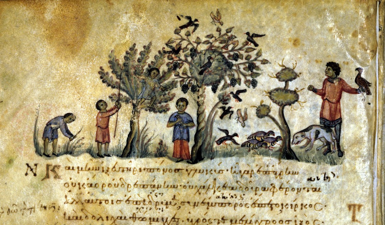 鷹で狩りをし、鳥の巣を捕獲する。13世紀のオッピアヌスの「De Venatione」のギリシャ語写本。 作： ギリシャ語学校
