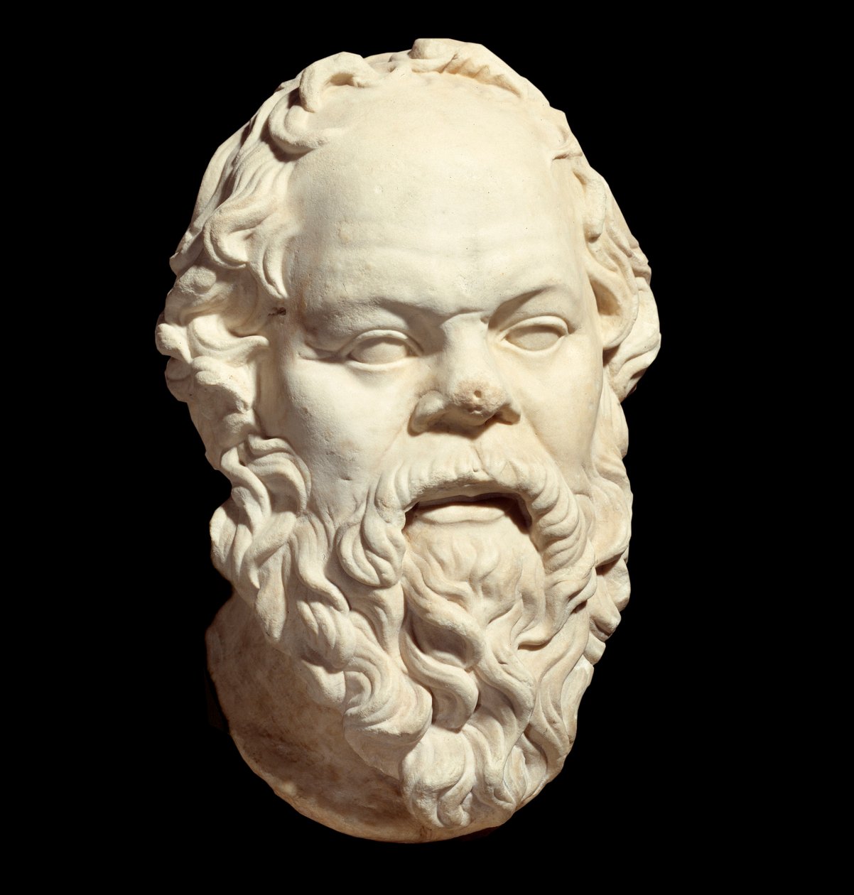 ギリシャの哲学者ソクラテス（紀元前470-399年）の大理石製胸像で、アテネスのポンペイオンを飾っていたリシッペの原型（紀元前330年頃）に倣ったもの。日高0.33m、パリ、ルーヴル美術館 作： ギリシャ語またはローマ語