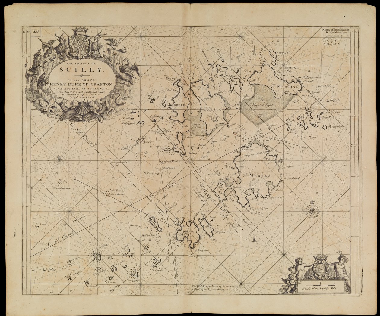 スキリー諸島の海図、1693年頃（版画） 作： グリーンバイルコリンズ