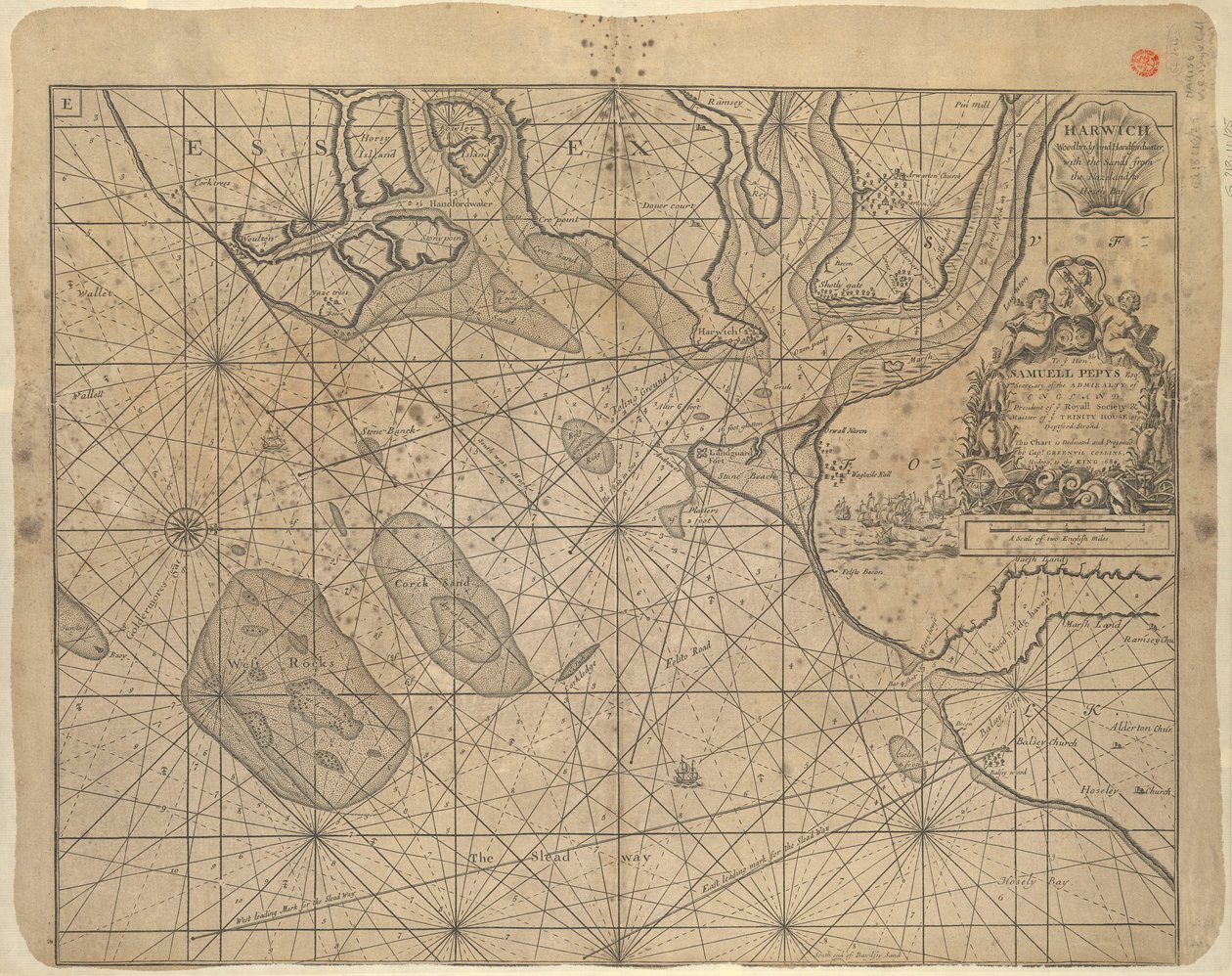 1686年、グリーンビル・コリンズ水兵大尉が「サミュエル・ペピス名誉船長」に捧げた北海の海図 作： グリーンバイルコリンズ