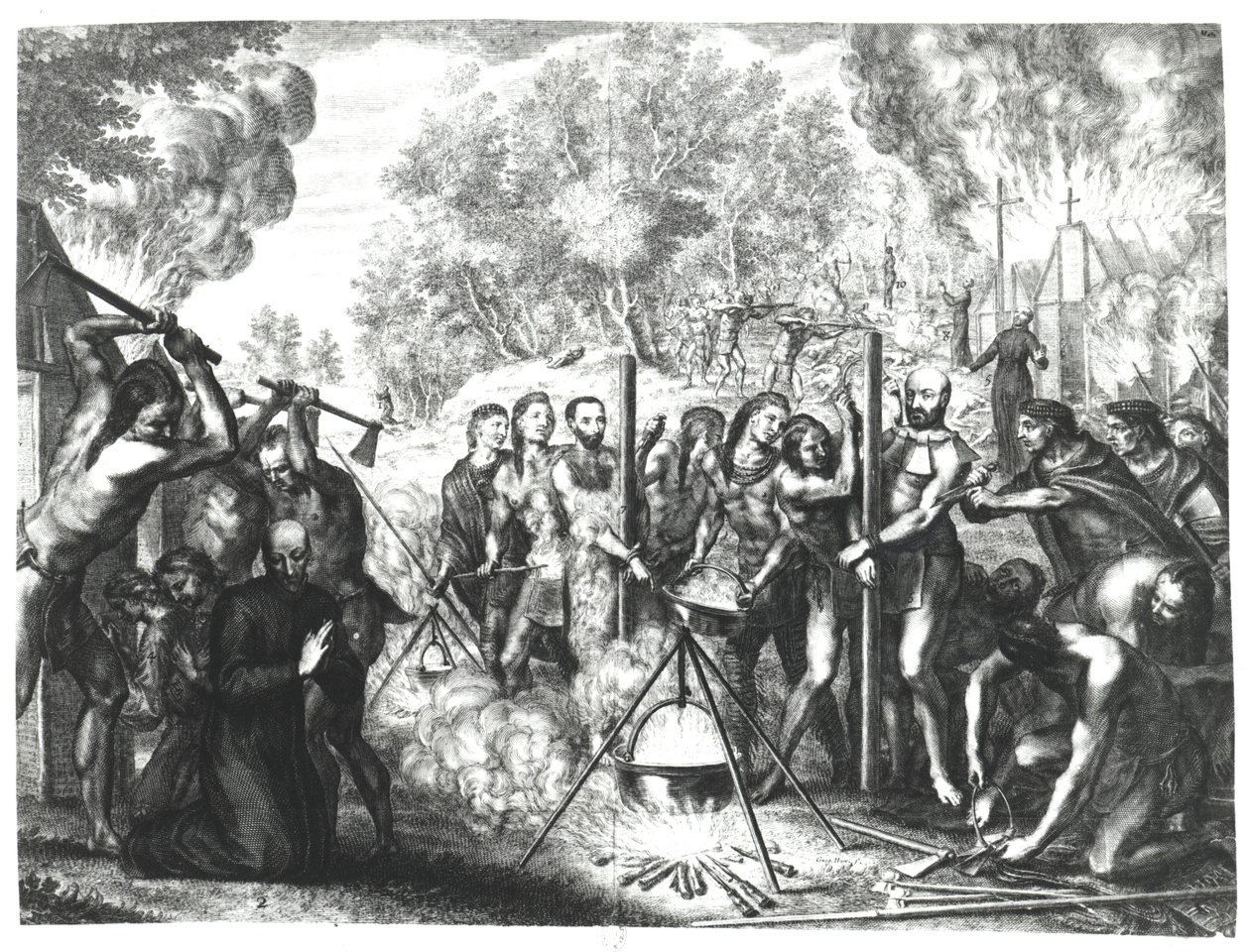 1664年に出版されたフランソワデュクルーによる「歴史のカナデンシス」からのヌーヴェルフランスのイエズス会の父の死 作： グレゴワールヒューレット