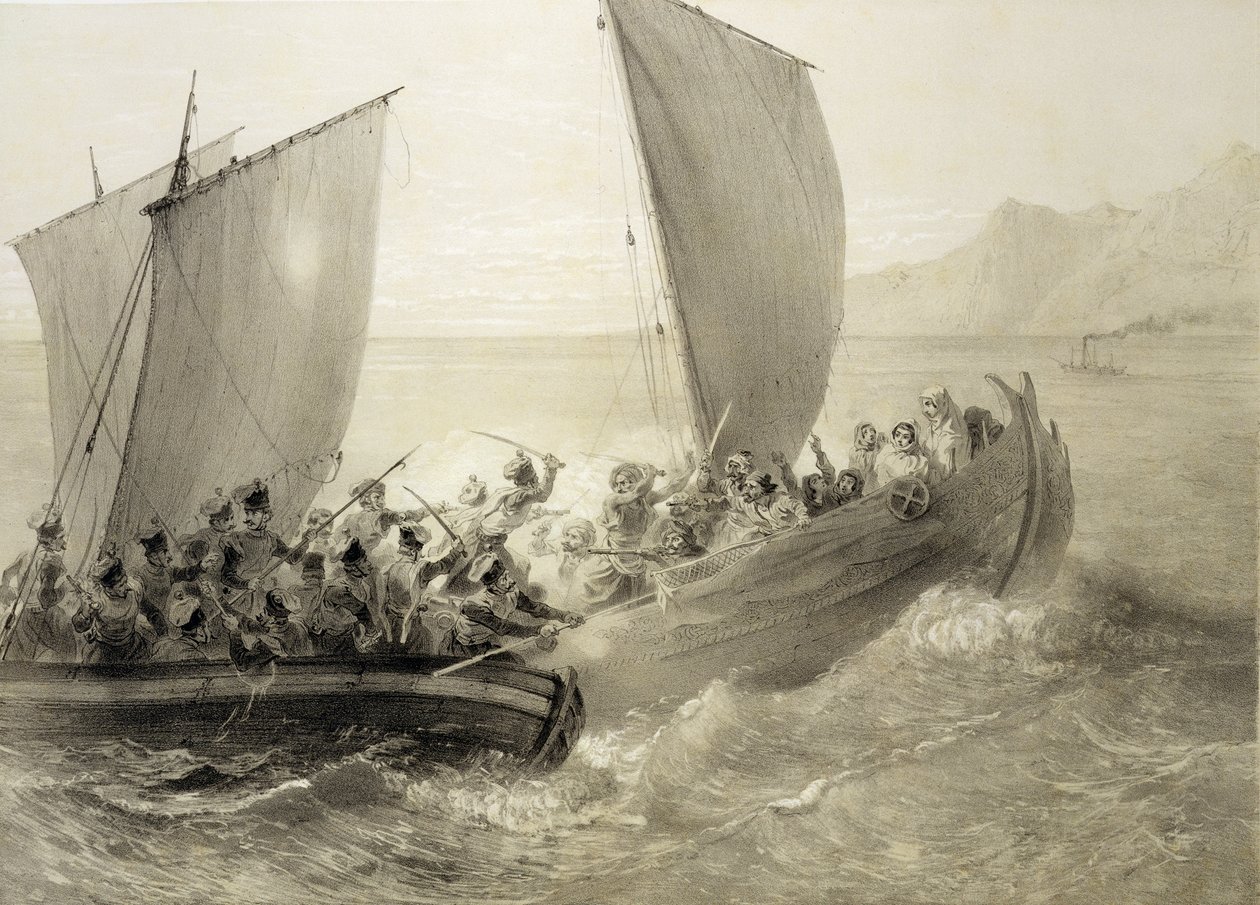 アドルフバヨット（1810-66）とレオンサバティエ（fl.1827-87）のパブが刻まれた、黒海沿岸のチェルケスクの女性でいっぱいのトルココルセアに乗ったアゾフコサック。 Alfred Leon Lemercier、1847（ 作： グリゴリー・グリゴレヴィッチ・ガガーリン