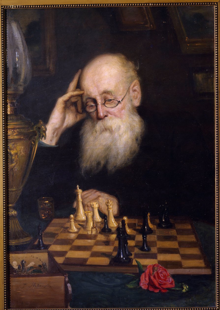Chess against oneself (自分自身とのチェス)。 Grigori (Grigoriy, Grigory) Grigoryevich Myasoyedov (Myasoedov, Miasoedov) (1834-1911) による絵画、キャンバスに油彩 作： グリゴリーグリゴリーエヴィッチミャソエドフ