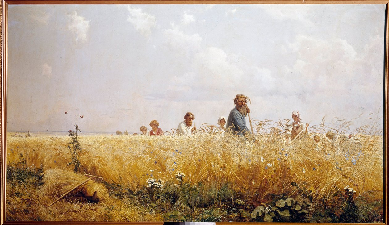 bles を刈っているロシアの農民を収穫します。 Grigori Miassoiedow