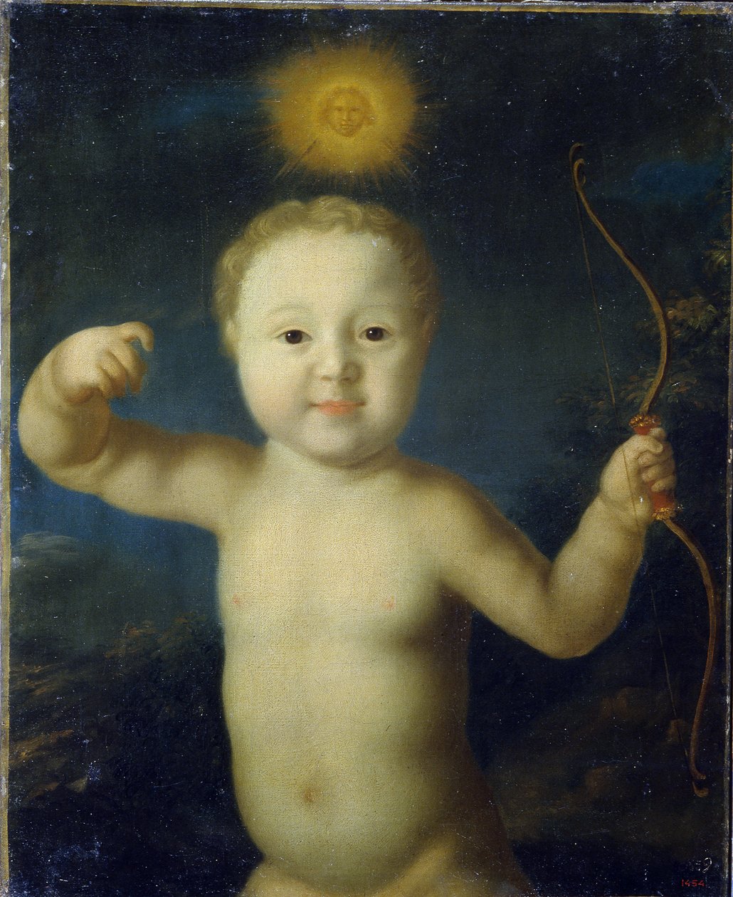 ロシアのツァレヴィッチ アレクシス ペトロヴィッチ (1690-1718) の肖像画。 (ロシアのツァレヴィッチ アレクセイ ペトロヴィッチの肖像)。 エロスの赤ちゃんを表し、裸で弓を持ち、真夜中に太陽が上に乗っています。 Grigori Dmitrievich Molchanov による絵画 (1730 年頃以降) 作： グリゴリー・ドミトリエフ・モルチャノフ