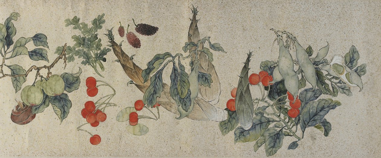 野菜と果物、清朝、1828年（金色の縞模様の紙にインクと色） 作： 古羅
