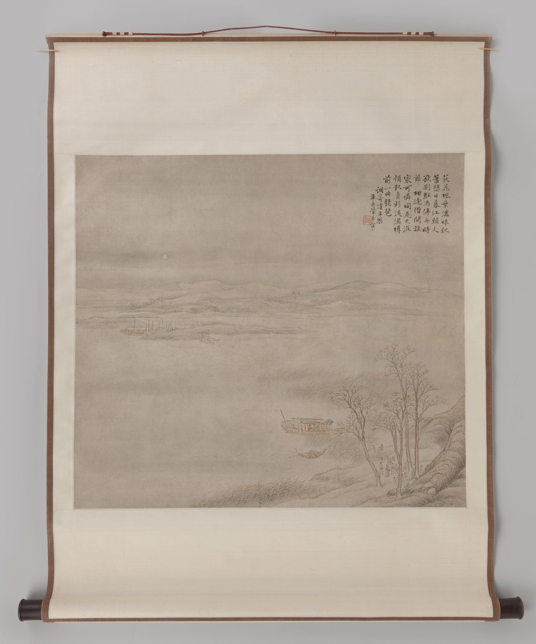 数字のある月明かりに照らされた川の風景 掛け軸 月下人物川風景 作： Guanxining