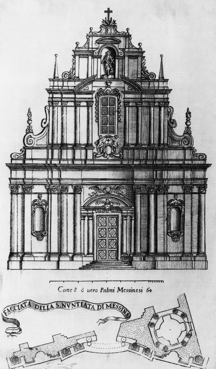 メッシーナの受胎告知教会のファサードとレイアウト、グアリーノ・グアリーニ (1624-1683)、イタリアによる彫刻 作： グアリノ・ガリニ