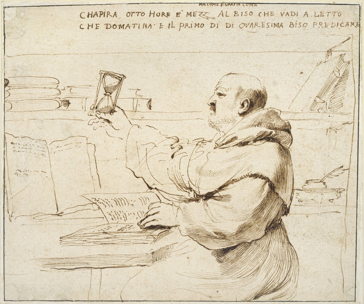 Fra Bonaventura Bisiの風刺画、1655年-1659年（オフホワイトの紙にペンと茶色のインク） 作： ジョバンニフランチェスコバルビエリ（イルゲルチーノ）