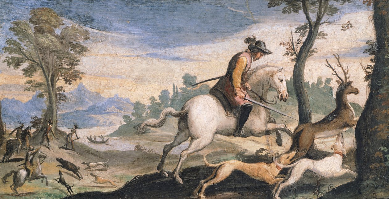 鹿とイノシシの狩猟」グエルチーノことジョヴァンニ・フランチェスコ・バルビエリ（1591-1666）作、フレスコ画、53x101cm 作： グエルチーノ