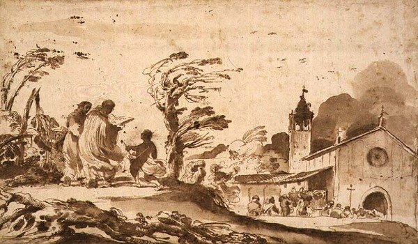 PD.1-1987 「葬送行列のある風景」（水墨画） 作： グエルチーノ