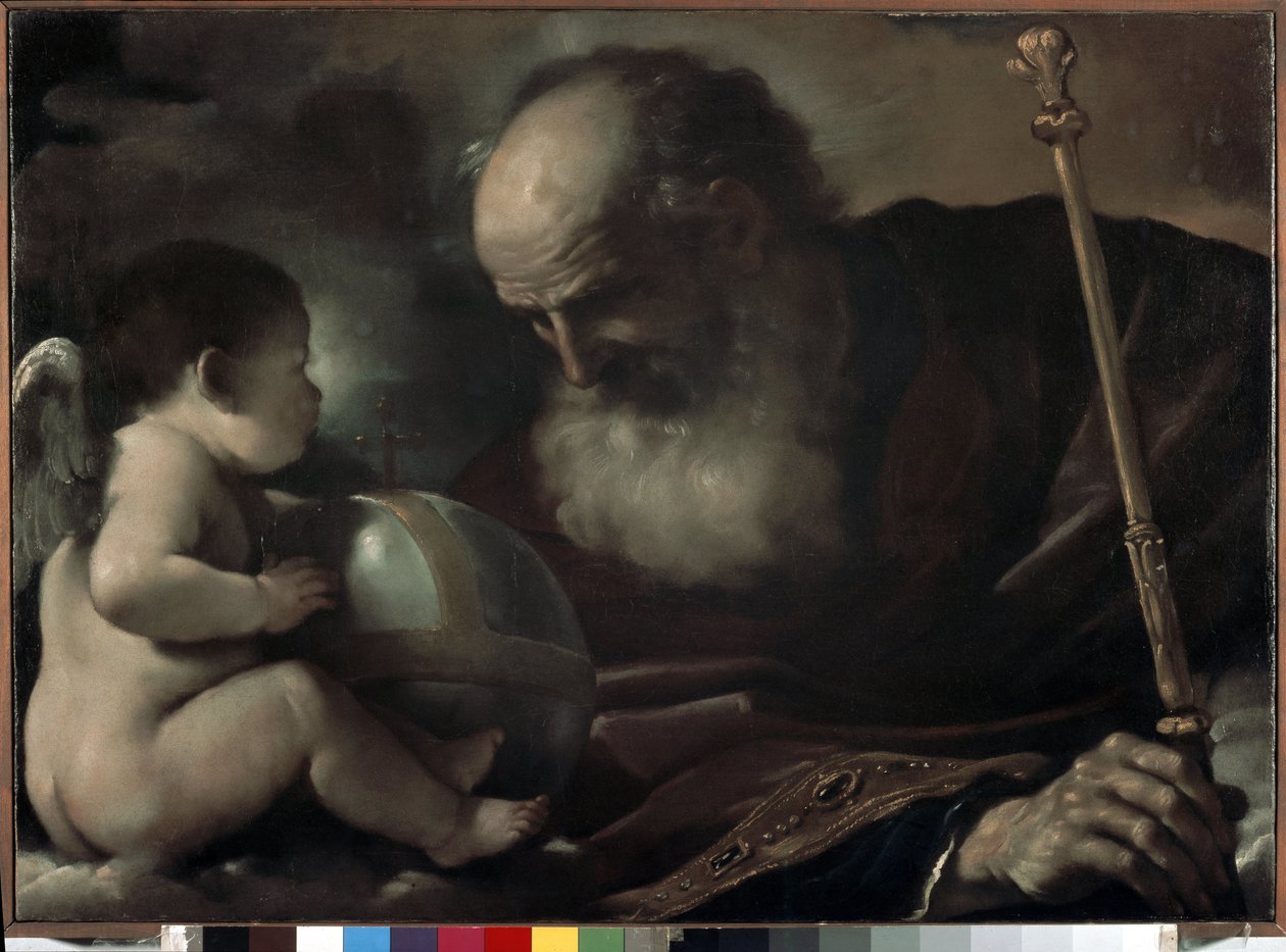 天使を抱く全能の父 - バルビエリ・ジョヴァンニ・フランチェスコ（1591-1666）の絵画、油彩・キャンバス、66 x 91 cm 作： グエルチーノ