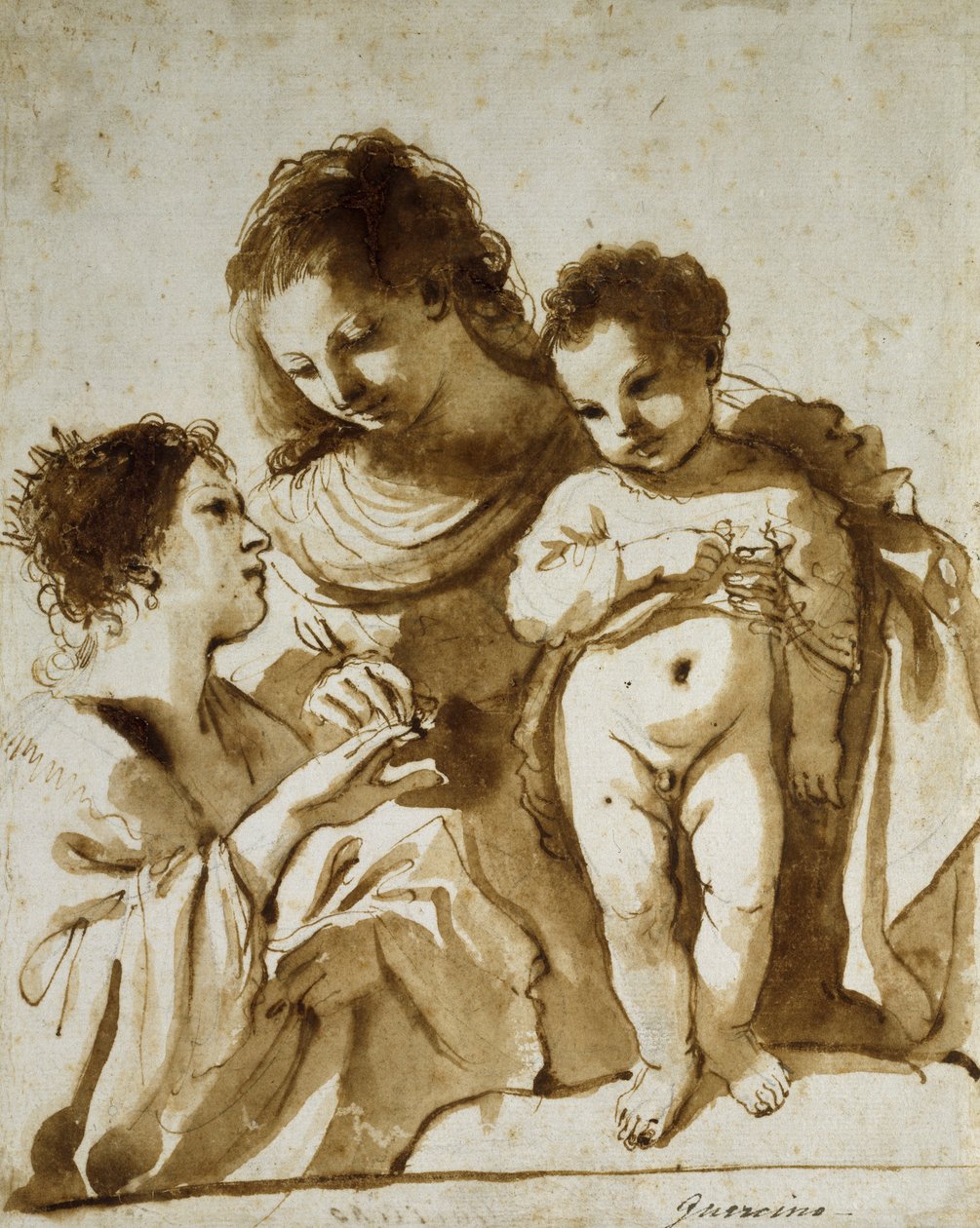 聖カタリナの神秘的な結婚、1618-19（白い紙に黒いチョークで茶色のウォッシュを示すペンと茶色のインク） 作： グエルチーノ