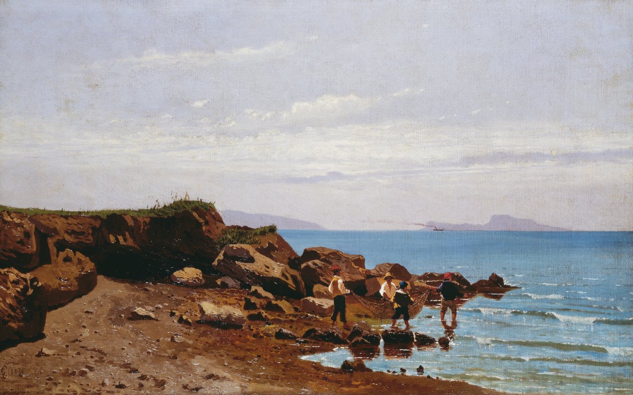Kalastajat Napolin rannikolla, taustalla Caprin saari, Guglielmo Ciardi (1842-1917), öljy kankaalle, 47,5x76,5 cm 作： グリエルモ・チャルディ