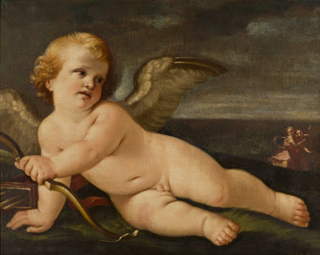 弓を持ったキューピッド、c.1595-1642（キャンバスに油彩） 作： Guido（のフォロワー）Reni