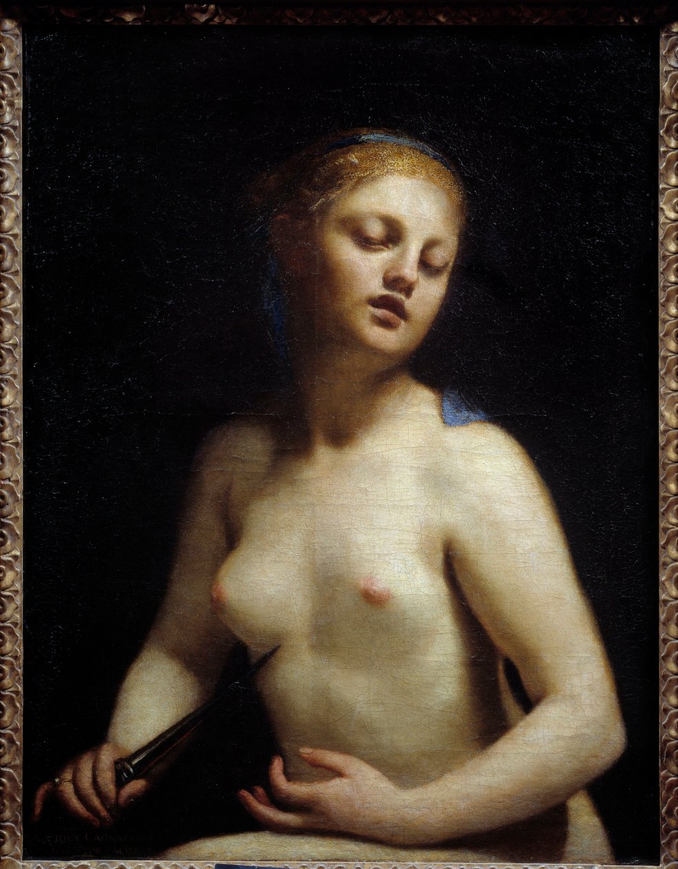 Lucretia starb. Lucretia (Lucrezia, römische Dame) war das Opfer von Gewalt durch ihren Cousin Sextus Tarquinius, den Sohn von Tarquinius Superbus. Lucretia rief ihren Vater und Ehemann (Collatinus) und kam mit Lucius Junius Brutus, dem Cousin von Lucius von Guido Cagnacci