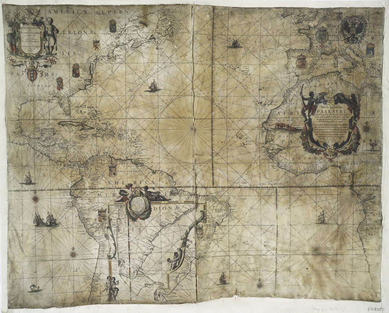 1710年オランダ領西インド会社の領土（ベラムに手書きの色刷り） 作： ギヨームとジャン・ブロー