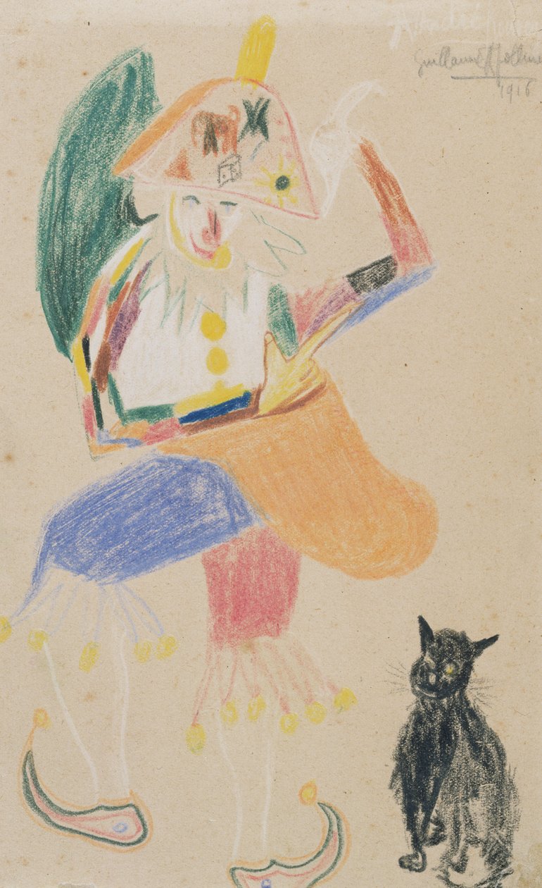 アンドレルーヴェーレに捧げられた絵を描いた、バイコーンと猫のピエロ、1916年（紙に色付きのクレヨン） 作： ギヨーム・アポリネール