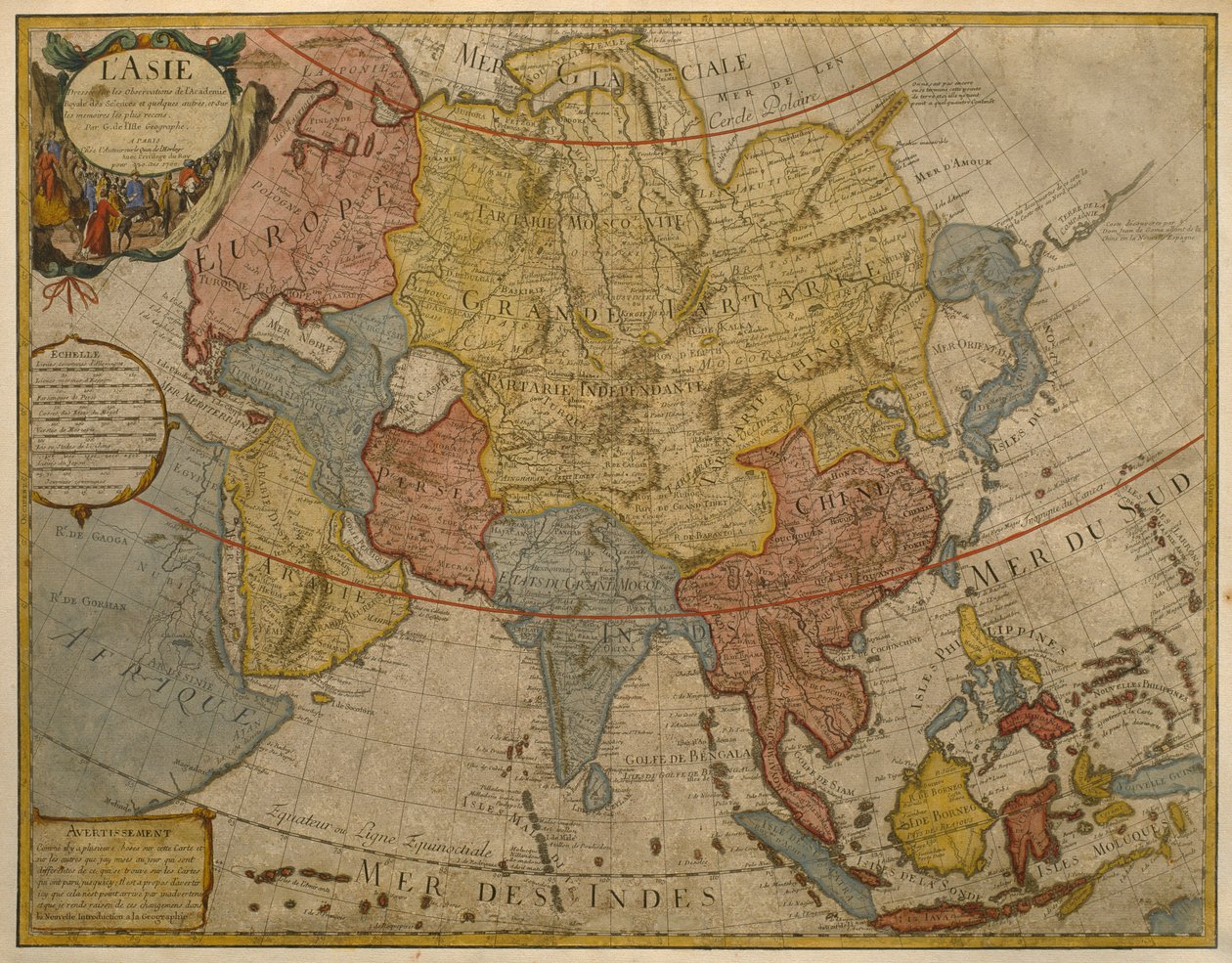 1700年に公開されたアジアの地図、パリ（カラー彫刻） 作： ギヨームデリ