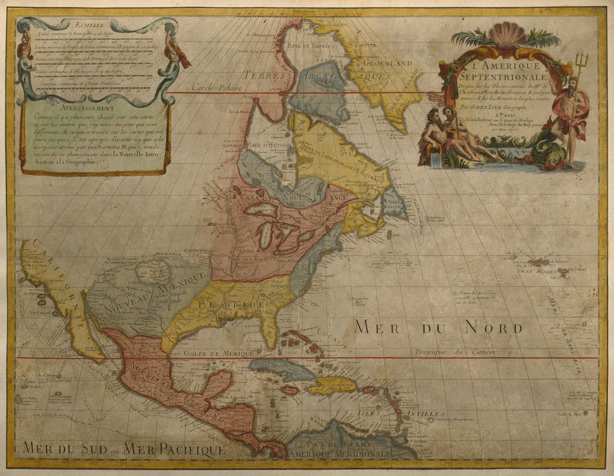 中央アメリカと北アメリカの地図、1700年に公開された、パリ（カラー彫刻） 作： ギヨームデリ