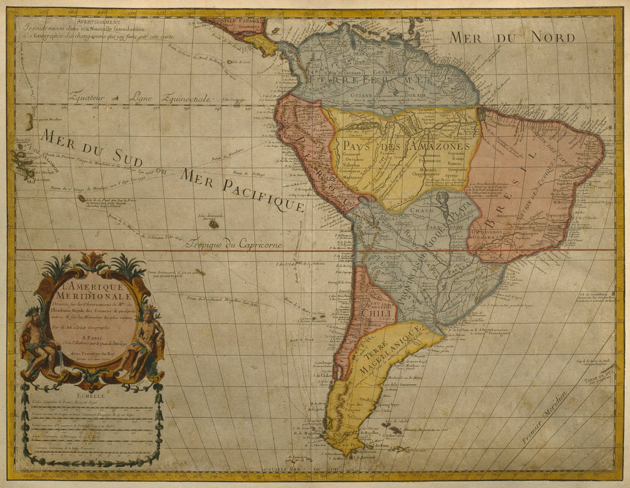 1700年に公開された南アメリカの地図、パリ（カラー彫刻） 作： ギヨームデリ