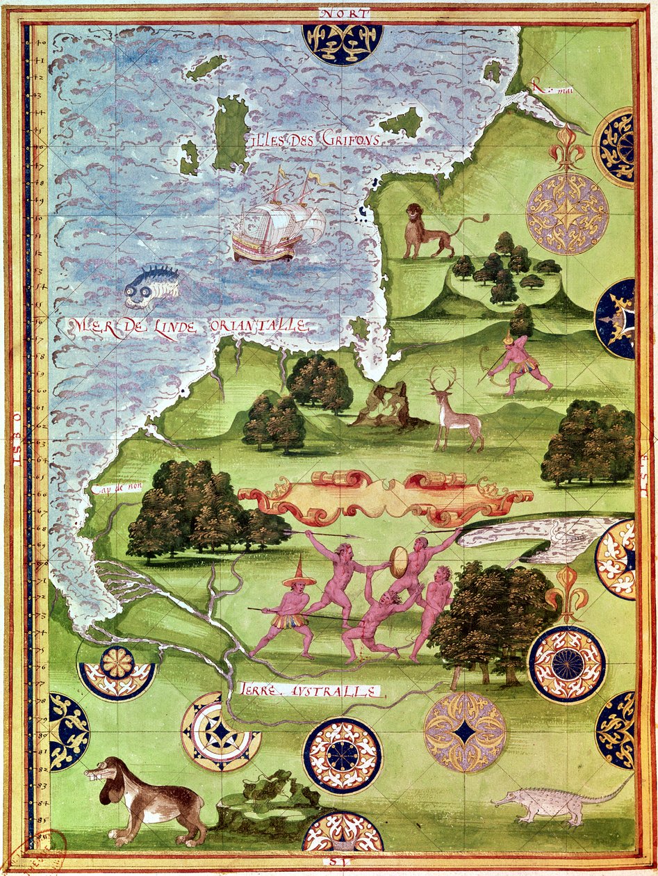 Fol.34v「オーストラリアのユニバーセル」からのオーストラリアの地図、1555 作： ギヨーム・ル・テストゥ