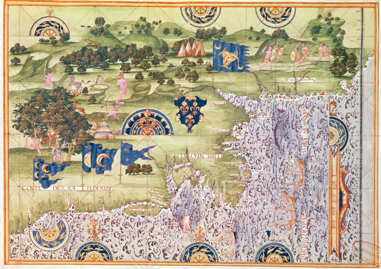 Fol.56v &39;Cosmographie Universelle&39;によるフロリダ、カナダ、ラブラドールの地図、1555 作： ギヨーム・ル・テストゥ