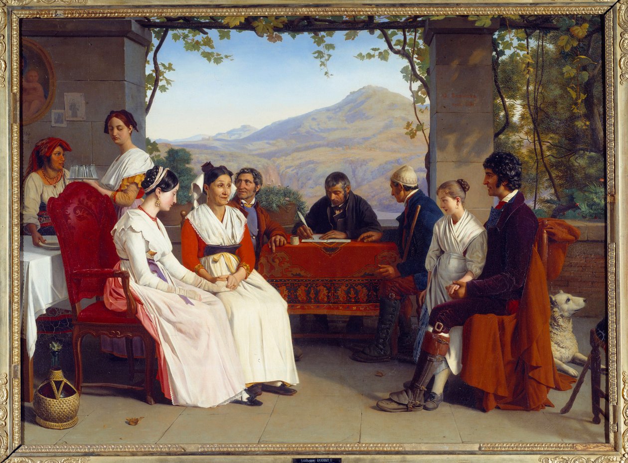 イタリアの社会"1831年のイタリアにおける結婚契約" ギヨーム・ボディニエ（1795-1872）の絵画 1831年 日10x1,38 m 作： ギヨーム・ボディニエ