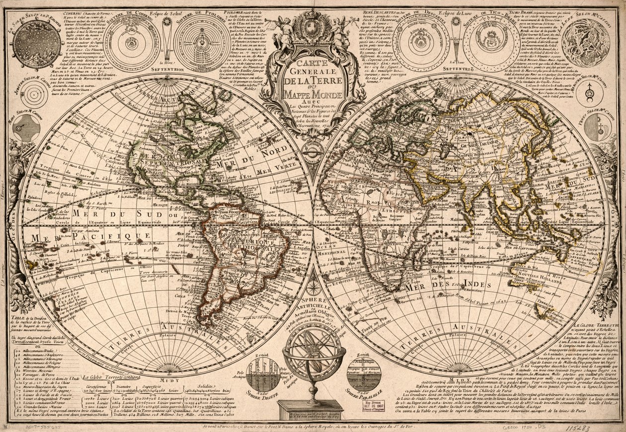 Carte generale de la terre - ou mappe monde auec les quatre principal  sistemes  les figures des sept planetes le all selones new obseruations.LOC 2017585685 作： ギヨーム・ダネット
