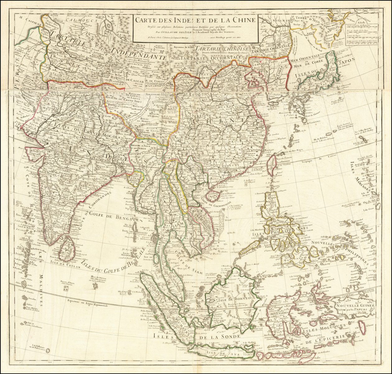 1705年の地図 - インドと中国の地図 作： ギヨームデリ