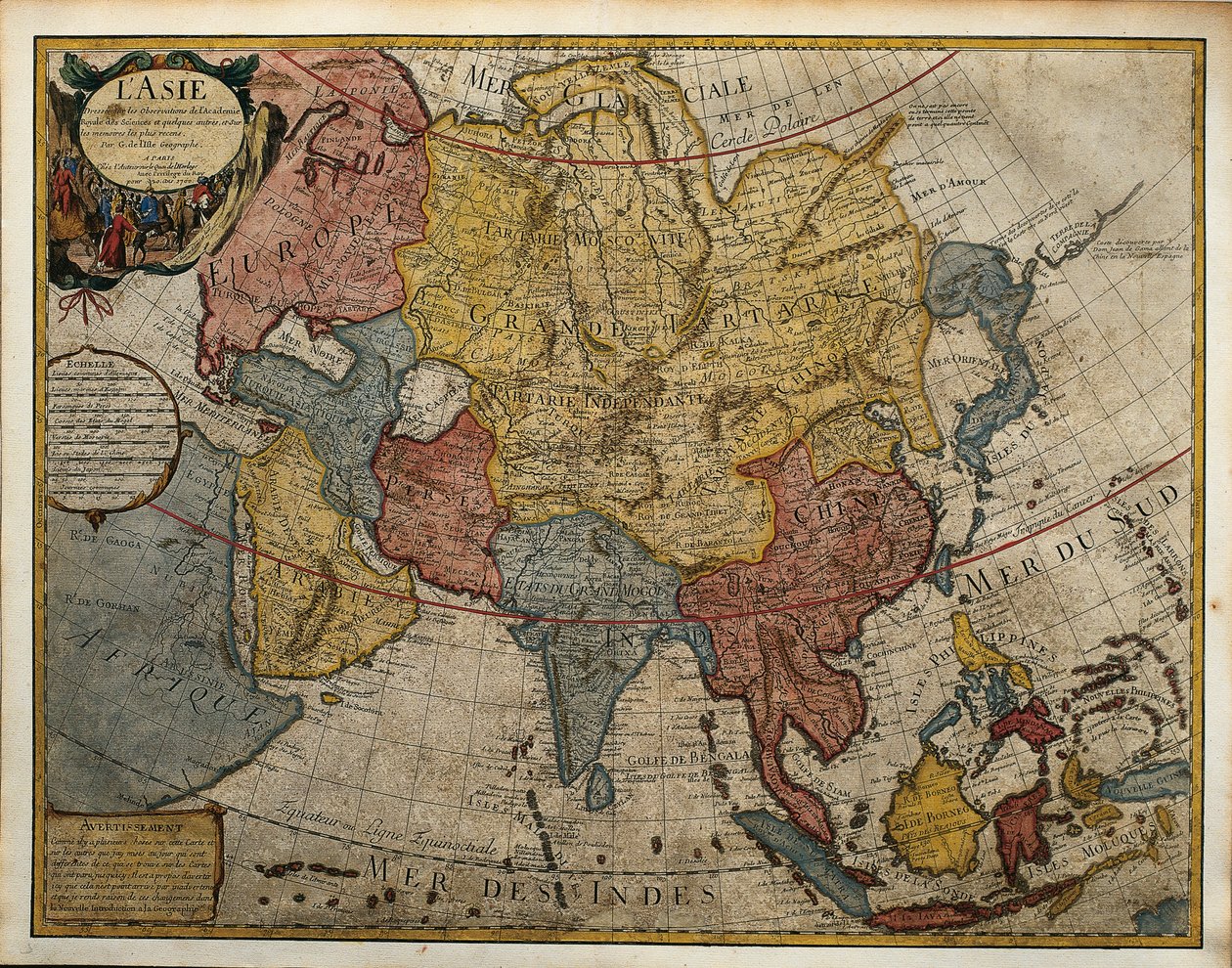 ギヨーム・ド・リルの「アジアの地図」（彫刻 作： ギヨームデリ