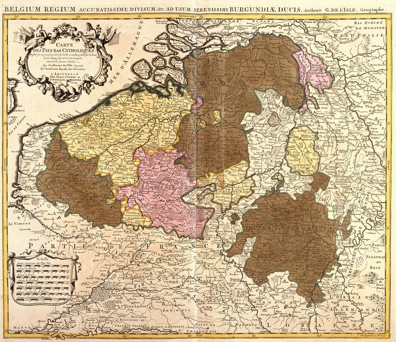 カトリック・オランダ（ベルギー・ルクセンブルク）の地図（銅版画 作： ギヨームデリ