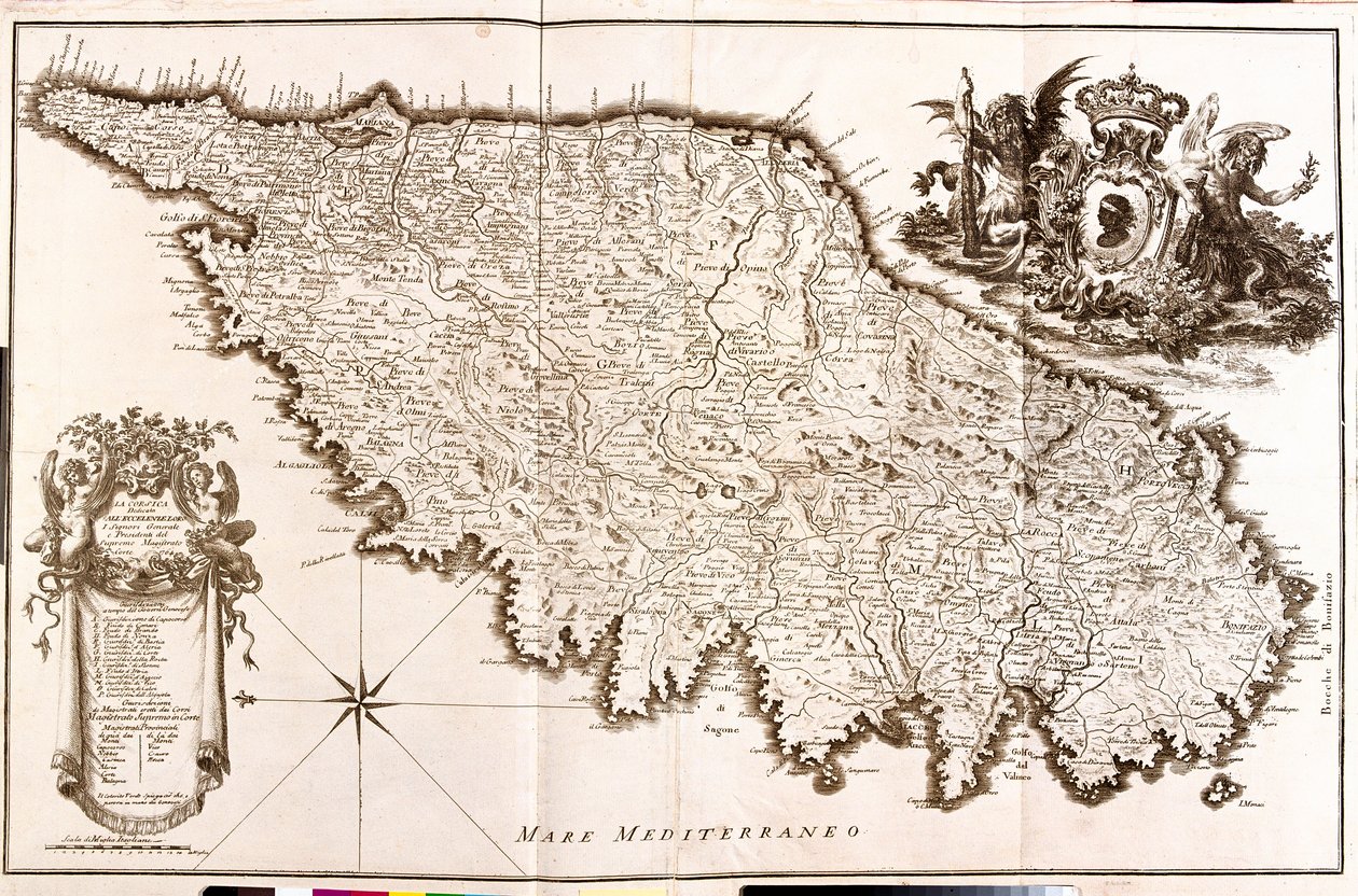 コルシカ島（フランス）の地図（銅版画 作： ギヨームデリ