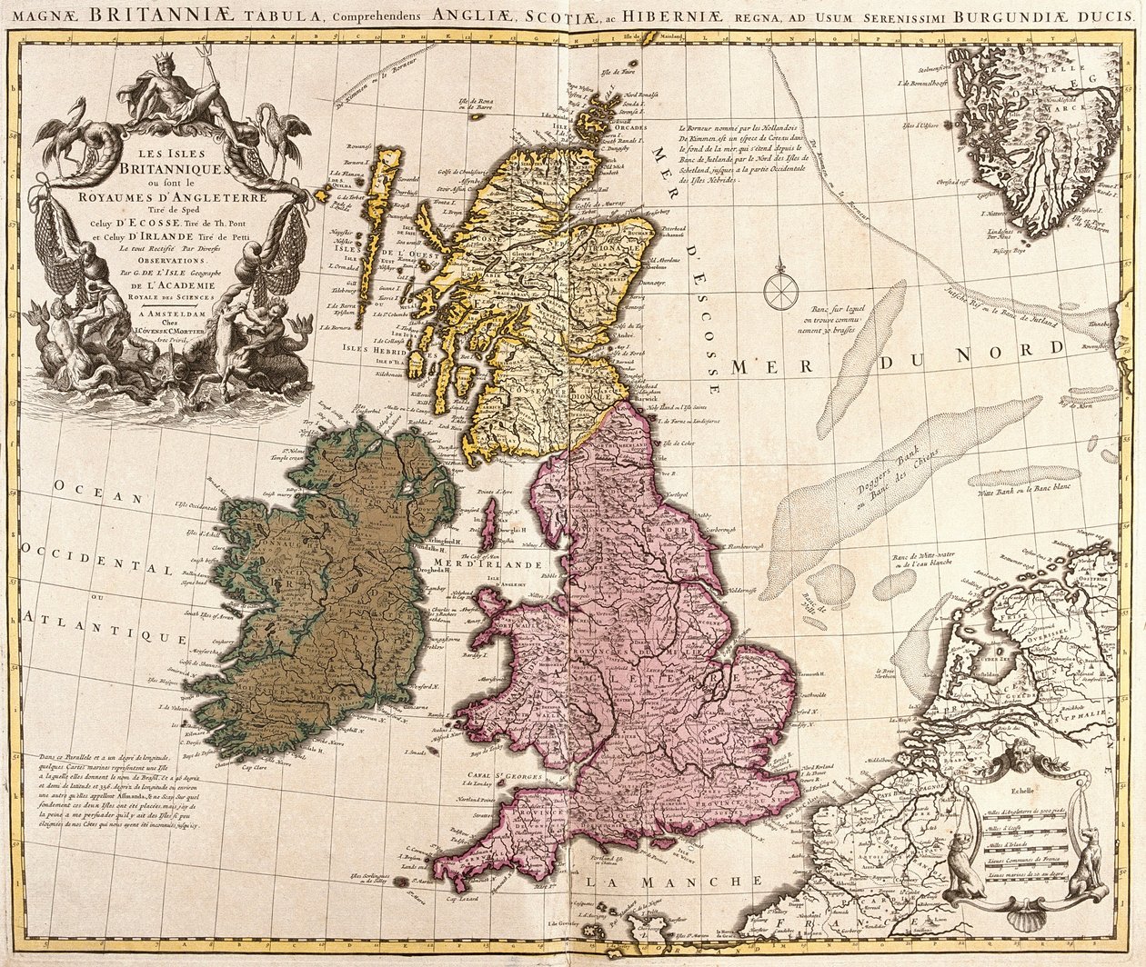 イギリス諸島の地図、イングランド、スコットランド、アイルランドの王国（銅版画 作： ギヨームデリ