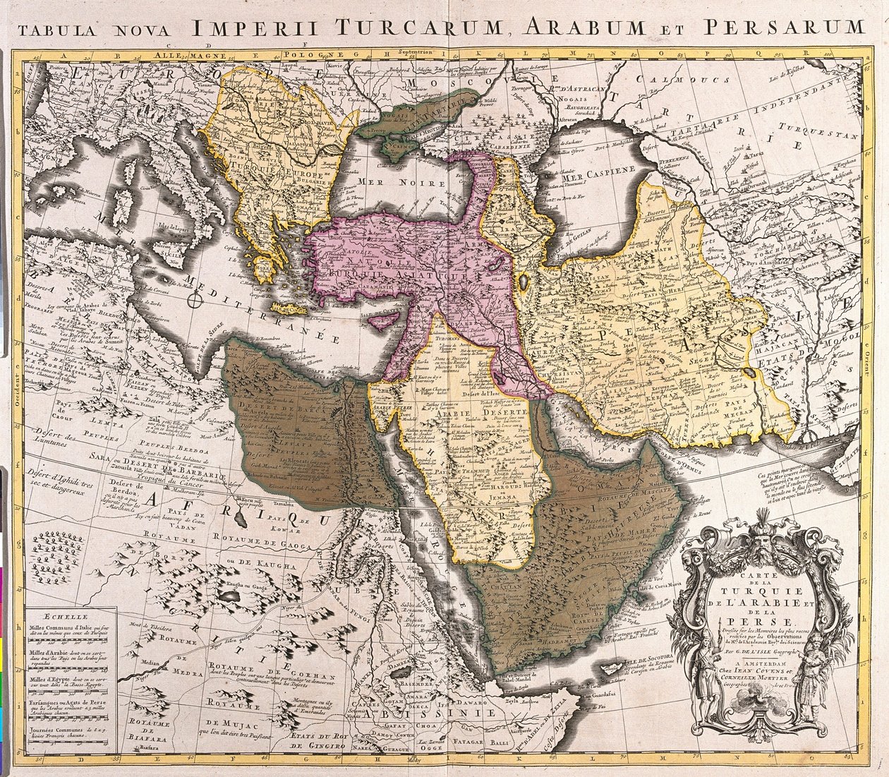 中近東の地図。トルコ帝国、ペルシャ、アラビア半島（銅版画 作： ギヨームデリ