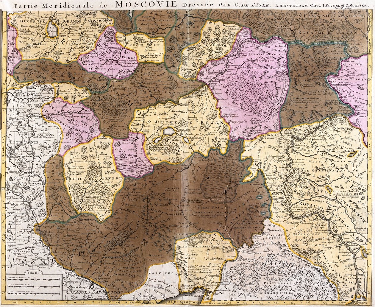 モスクワ大公国（ロシア）の子午線部分の地図（銅版画 作： ギヨームデリ