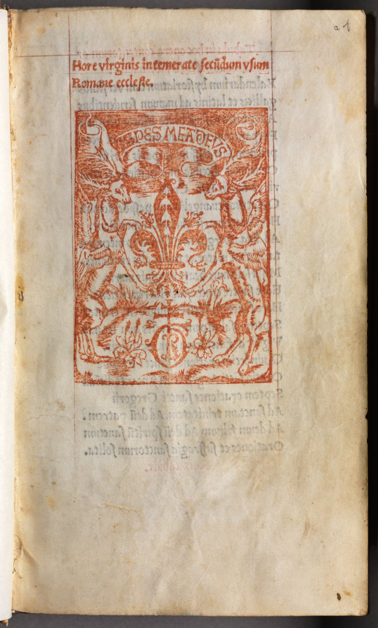 印刷された時祷書（ローマ使用）：フォール1r、印刷者マーク 作： ギヨーム・ル・ルージュ