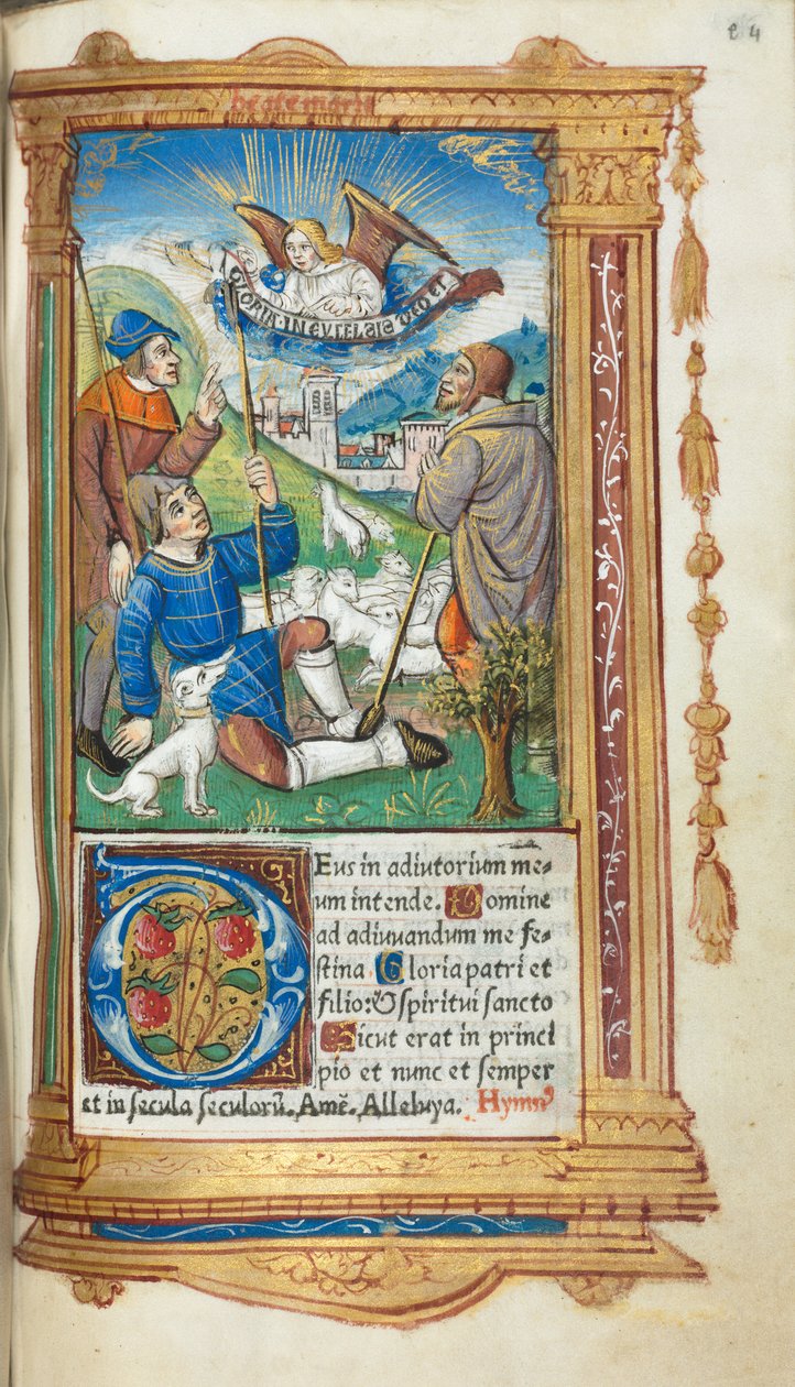 印刷された時間の本ローマの使用：fol。 36r、羊飼いへの受胎告知、1510年。 作： ギヨーム・ル・ルージュ