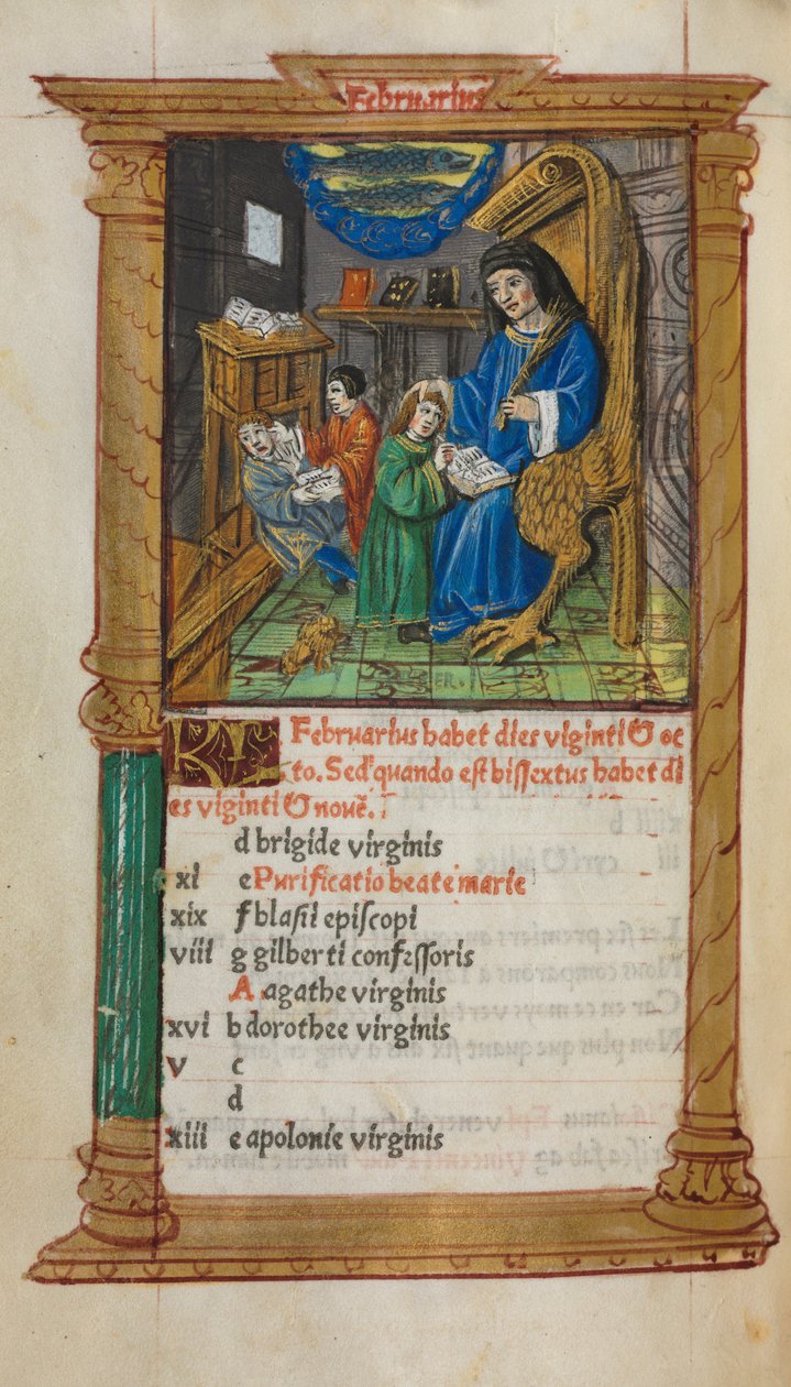 印刷された時間の本ローマの使用：fol。 3v、2月のカレンダーのイラスト、1510年。 作： ギヨーム・ル・ルージュ
