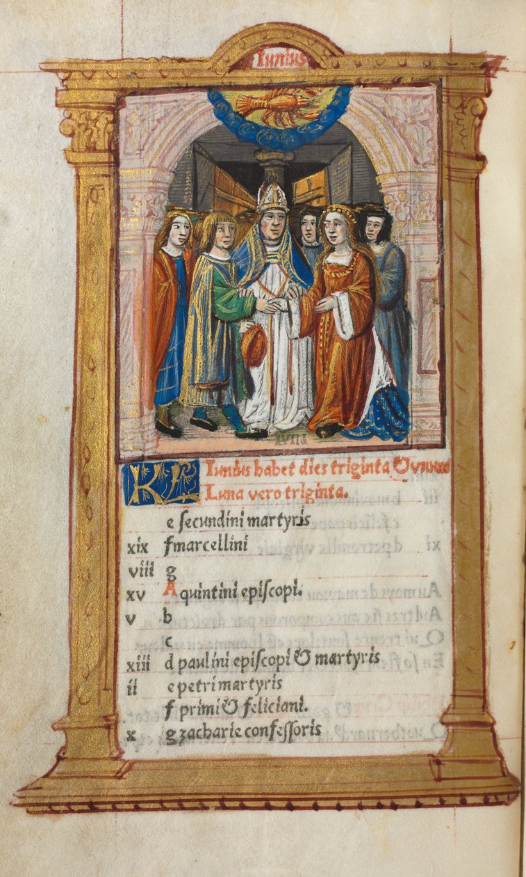 ローマの印刷された時間の使用：fol。 7v、6月のカレンダーのイラスト、1510。 作： ギヨーム・ル・ルージュ