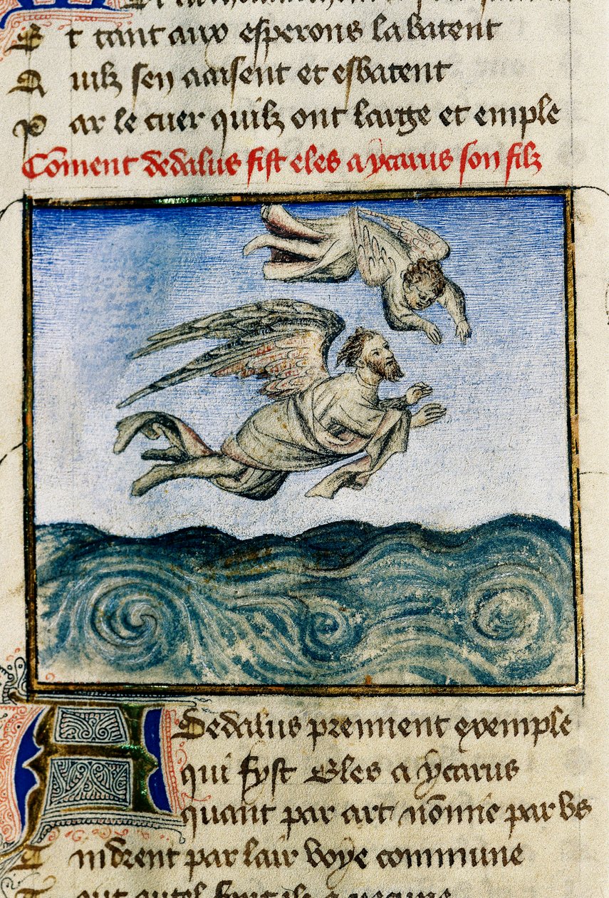 ""Dedale and Icarus "" (イカロスとダイダロス) ミノスのもとを逃れるために、デデールは息子のイカロスに蝋の翼のおかげで飛び立てと迫る。ギヨーム・ロリスの手による細密画（「薔薇のローマ」の写本より 作： ギヨーム・デ・ロリス